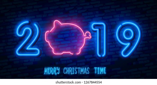 New Year pig neon sign, bright signboard, light banner. 2019 neon logo, emblem. Merry Christmas sign. Vector illustration