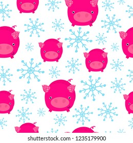 New year pig and snowflakes. Seamless vector pattern. Cartoon flat illustration