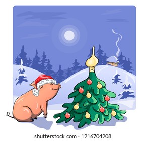 new year pig,  winter landscape with a Christmas tree, symbol of the year, holiday, postcard