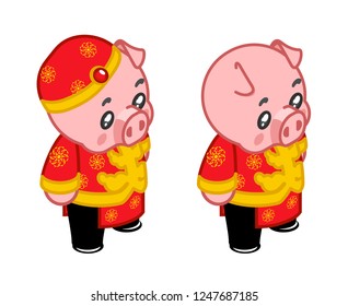 New year piggie birthday traditional kid wear costume chinese pig boy character isometric design vector illustration