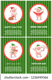 New Year piglet wearing Santa Claus hat greeting with presents vector. Winter holidays celebration, piggy holding sack full of gifts and wooden table