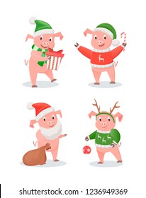 New Year piglets in hats and sweaters, winter holidays set. Gift box and cane candy, gifts sack and Christmas tree decoration vector illustrations isolated