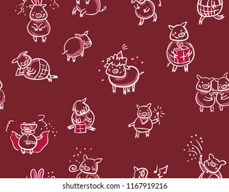 new year pigs characters vector funny doodle seamless pattern