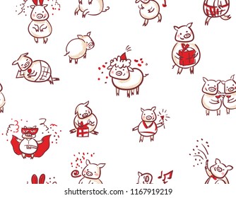 new year pigs characters vector funny doodle seamless pattern