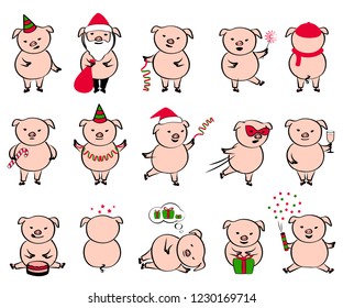 New year pigs. Set of chinese symbol of the 2019 year pig with different emotions. Vector isolated illustration on transparent background. 