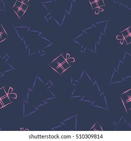 New Year pine and gift box . Christmas seamless pattern