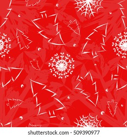 New Year pine and snowflakes on a red background. Christmas seamless pattern