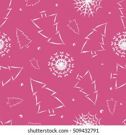New Year pine and snowflakes on a pink background. Christmas seamless pattern