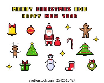 New Year pixel icons set, Christmas 8 bit design, holiday pixel decorations. Toy, bell, Christmas tree, gift, deer, snowman, Santa Claus, lollipop, cookie man, sock.