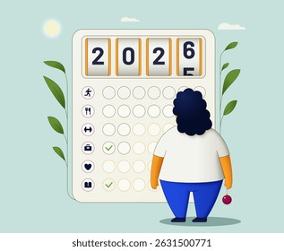 New Year plan to overcome difficulties and develop new healthy habits to achieve goals and develop, funny concept of procrastination. Vector illustration.