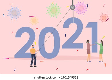 New Year planning vector concept. Business people wearing face mask and arrange number 2021
