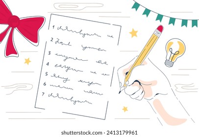 New Year Plans doodle. Top view at hand with pencil near sheet. Wishes for gifts and presents. Letter to santa claus. Linear flat vector illustration isolated on white background