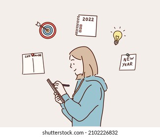 New Year Plans. Notebook With 2022 Goals And Words Plan, Action And Goal. Hand drawn style vector design illustrations.