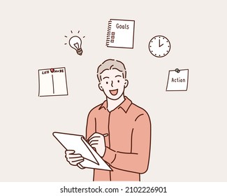 New Year Plans. Notebook With 2022 Goals And Words Plan, Action And Goal. Hand drawn style vector design illustrations.