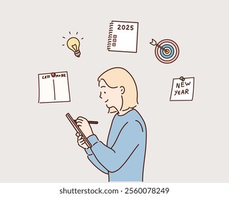 New Year Plans. Notebook With 2025 Goals And Words Plan, Action And Goal. Hand drawn style vector design illustrations.