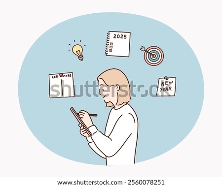 New Year Plans. Notebook With 2025 Goals And Words Plan, Action And Goal. Hand drawn style vector design illustrations.