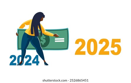 New year. Positive motivation, success and business growth in 2025. Overcoming obstacles, unfinished tasks of the past year, business lady with the dollar goes from 2024 to 2025. Vector illustration