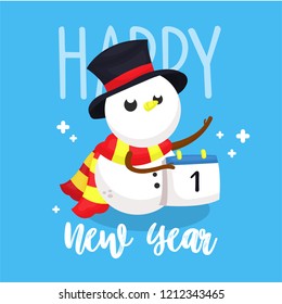 New Year Post Card With Snowman Holding Calendar Illustration