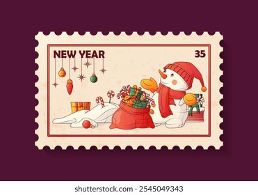 New year postage stamp with illustration of snowman with presents. Vector illustration perfect for design of envelope decoration. Merry Christmas, cozy winter, New Year concept.