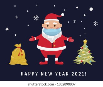 New year postcard. 2021 coronavirus celebration. Greeting card, poster element with a funny Santa Claus character in a flat cartoon style. Editable vector illustration isolated on a dark background.