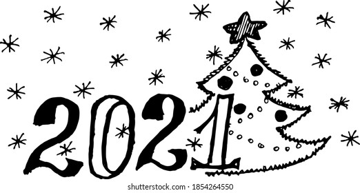 New Year postcard. 2021. Festive spruce. Black and white illustration. Doodle.