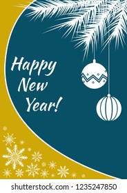 New Year postcard or banner with yellow and blue colors and white balls, snowflake and Christmas tree branch