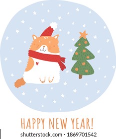 New year postcard with cat, Christmas tree and star on blue background. Cute kids vector illustration in doodle style. Winter paper print for typographic. Happy New year picture. Winter animal. 
