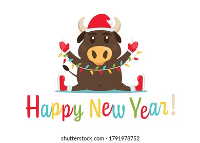 New year postcard. Chinese year of the bull. 2021. Greeting card, poster element with a funny ox character in a flat cartoon style. Editable vector illustration isolated on a white background.