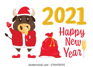 New year postcard. Chinese year of the bull. 2021. Greeting card, poster element with a funny ox character in a flat cartoon style. Editable vector illustration isolated on a white background.