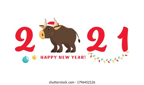 New year postcard. Chinese year of the bull. 2021. Greeting card, poster element with a funny ox character in a flat cartoon style. Editable vector illustration isolated on a white background.