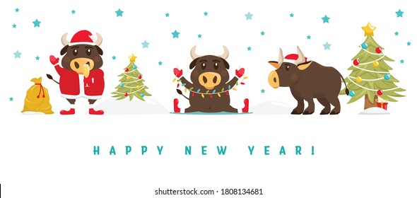 New year postcard. Chinese year of the bull. 2021. Greeting card, poster element with a funny ox character in a flat cartoon style. Editable vector illustration isolated on a white background