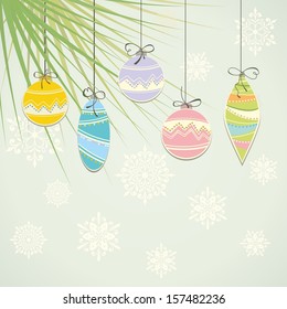 New year postcard. Christmas background with balls. Christmas decorations.