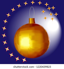 new year postcard with a Christmas ball on a blue background with stars, a sparkling golden Christmas ball, greeting card with glittering stars and new year golden ball