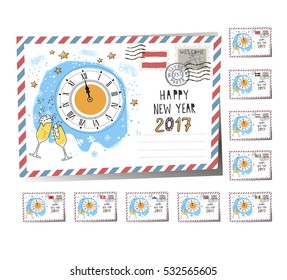  New Year Postcard Christmas midnight 2017 | Vector