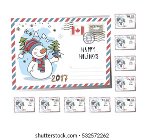  New Year Postcard Christmas snowman 2017 | Vector