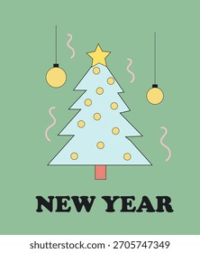Año Nuevo, postal, bolas de árbol de Navidad, ilustración,