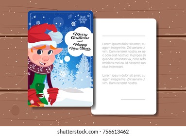 New Year Postcard With Copy Space Decorated With Green Cute Elf Merry Christmas Card Concept Flat Vector Illustration