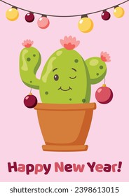 New year postcard with a cute cactus in a pot, baubles and christmas lights