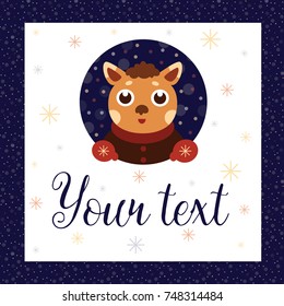 New year postcard with a cute dog in mitten and winter clothes on white square with snowflakes pattern on night sky background 