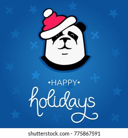 New Year postcard with cute panda in christmas hat. Blue background