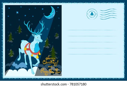 New Year postcard with deer and moonlight. Text: "Merry Christmas and Happy New Year!". Hand drawn night illustration.