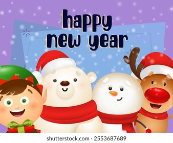 New Year postcard design with cartoon reindeer, elf, snowman and polar bear holding gifts on purple background. Vector illustration for Christmas posters, greeting and invitation card templates