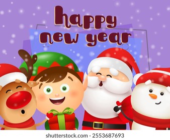 New Year postcard design with cartoon characters. Reindeer, elf, snowman and Santa holding gifts and having fun. Vector illustration for Christmas posters, greeting and invitation card templates