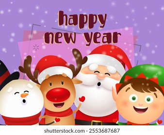 New Year postcard design with Christmas characters. Snowman, reindeer, elf and Santa singing and having fun. Vector illustration used for festive posters, greeting and invitation card templates