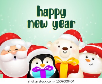 New Year postcard design with cute penguin, Santa, polar bear and snowman holding gifts on light green background. Vector illustration for Christmas posters, greeting and invitation card templates