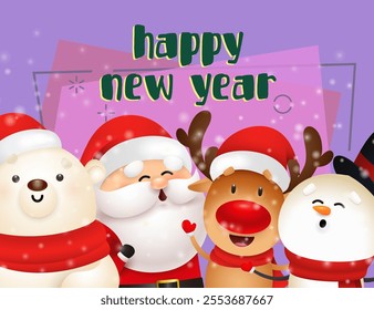 New Year postcard design with cute snowman, reindeer, Santa and polar bear celebrating on purple background. Vector illustration for Christmas posters, greeting, party invitation templates