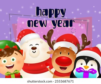 New Year postcard design with cute elf, reindeer, penguin and polar bear giving gifts on purple background. Vector illustration for Christmas posters, greeting and invitation card templates