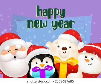 New Year postcard design with cute penguin, Santa, polar bear and snowman holding gifts on purple background. Vector illustration for Christmas posters, greeting and invitation card templates