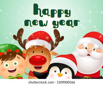 New Year postcard design with funny elf, reindeer, Santa and penguin celebrating on green background with snowfall. Vector illustration for Christmas posters, greeting, party invitation templates