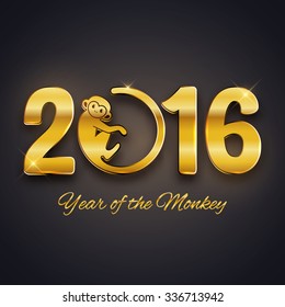 New Year postcard design, gold text with monkey symbol on dark background, year of the monkey 2016 design, postcard, greeting card, banner, vector illustration